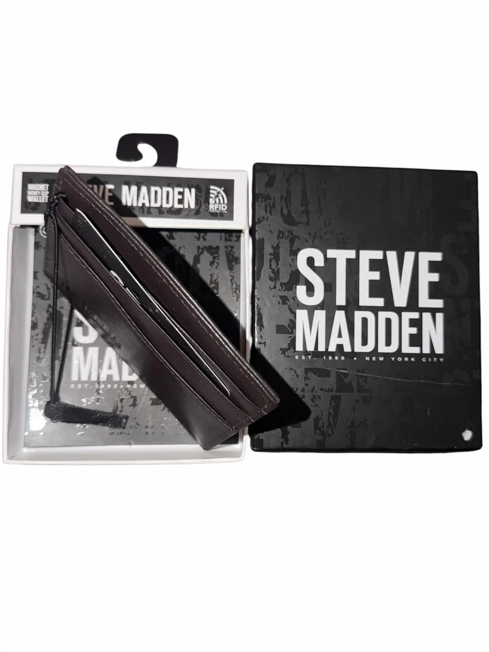 *new* Steve Madden Brown Leather Card Holder & Money Clip RFID Wallet